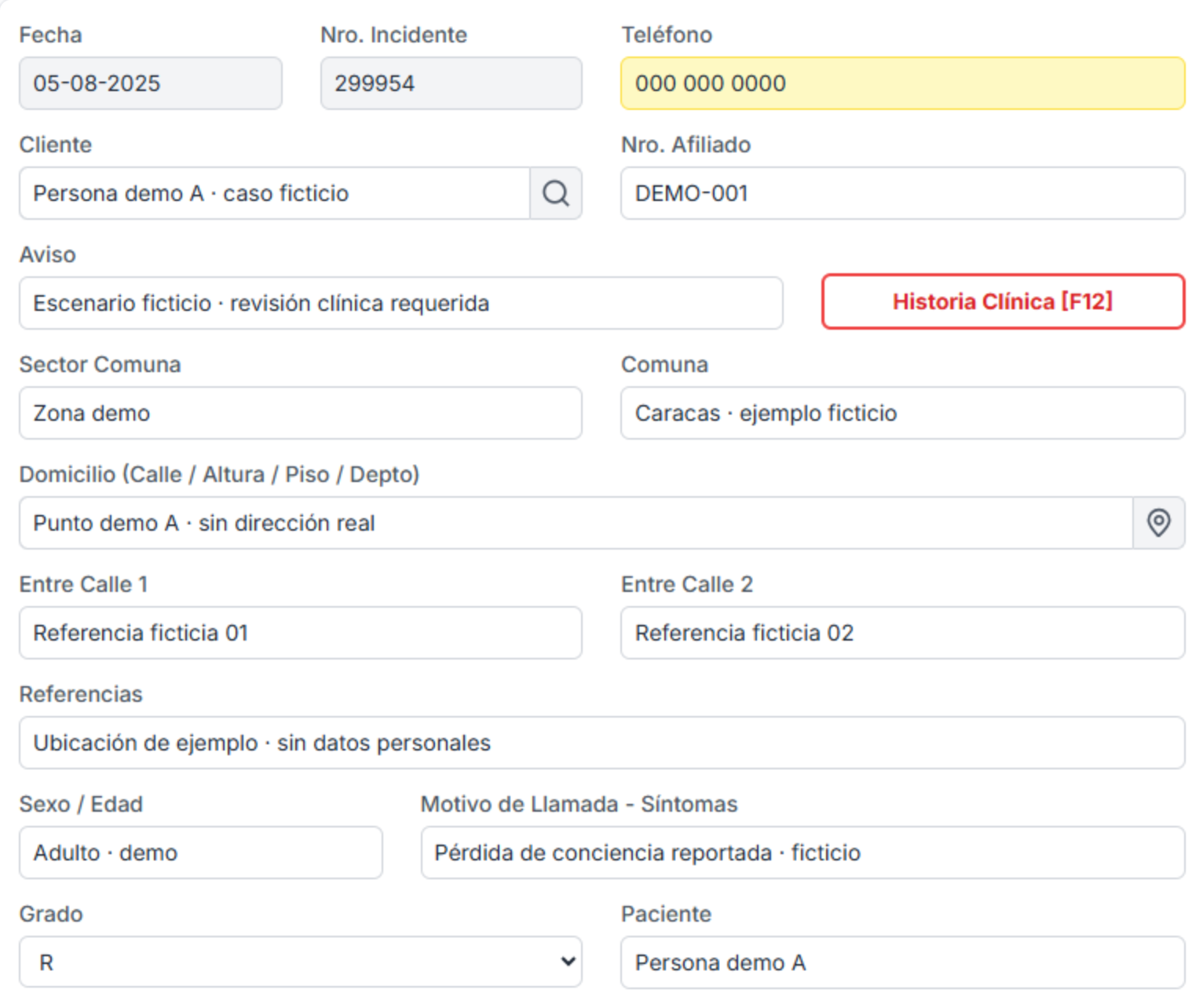 Captura del prototipo de ingreso de una solicitud C1, con identificación, ubicación, síntomas y grado R