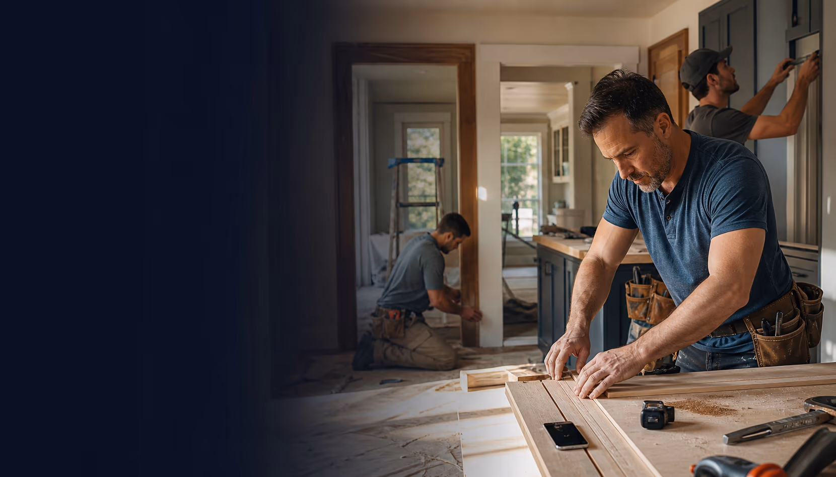 A home service owner and crew completing work for a customer