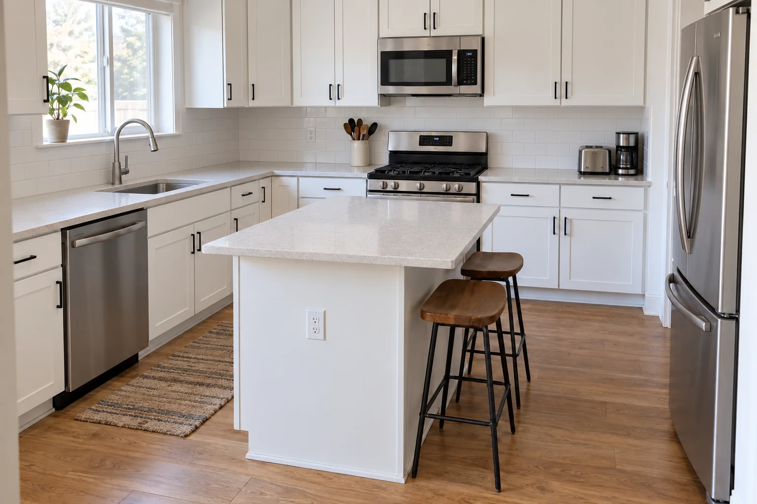 The same illustrative kitchen after cleaning, with clear counters and polished surfaces