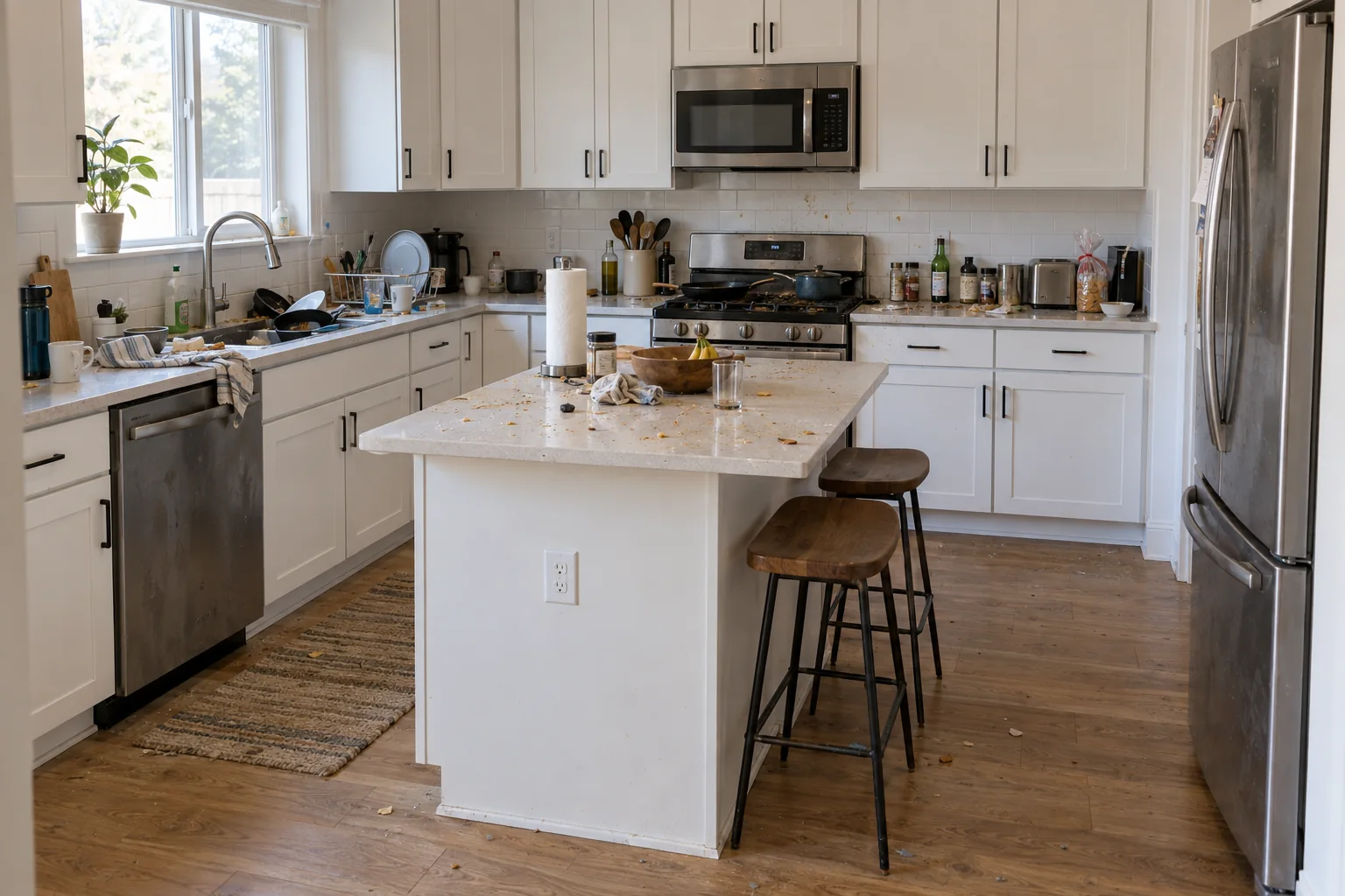 Illustrative kitchen before cleaning, with dirty dishes and untidy counters